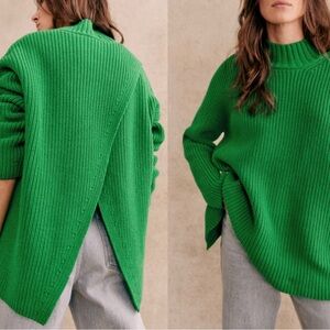 SEZANE NWT Green Ribbed Knit Wool Oversized Mock Neck Crossover Back Sweater